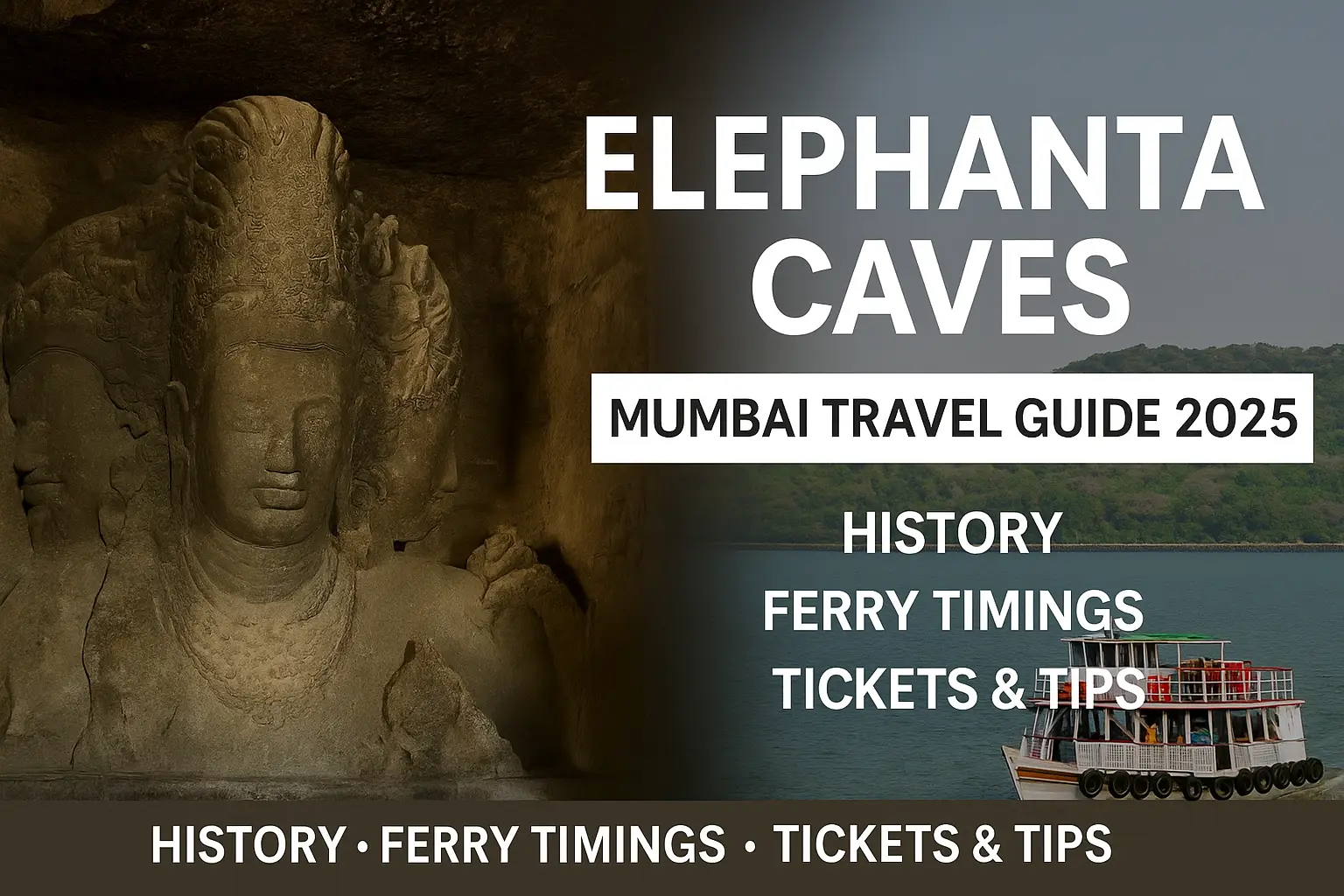 Elephanta Caves Mumbai Travel Guide 2025 – Trimurti sculpture and ferry on Arabian Sea with visit details