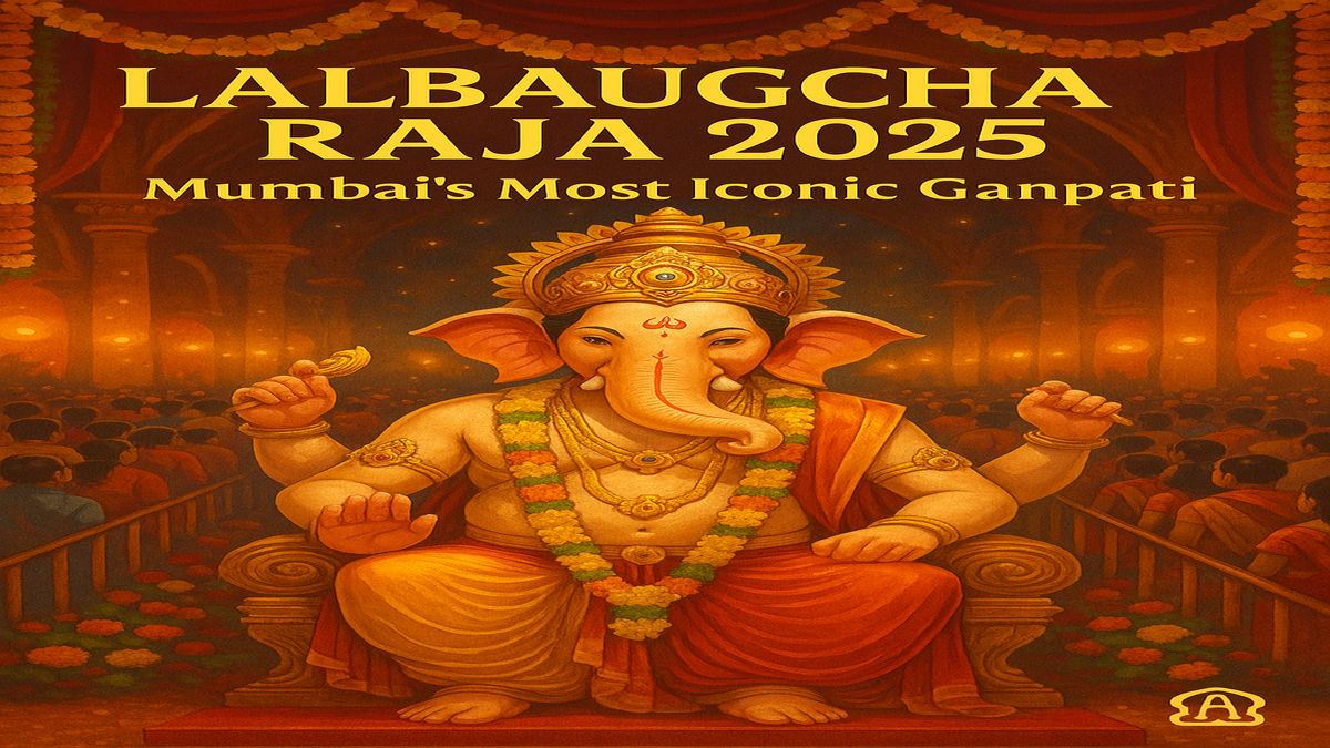 Lalbaugcha Raja 2025 digital illustration with golden crown, large crowd of devotees, festive mandap, and Ganpati idol in red-yellow attire