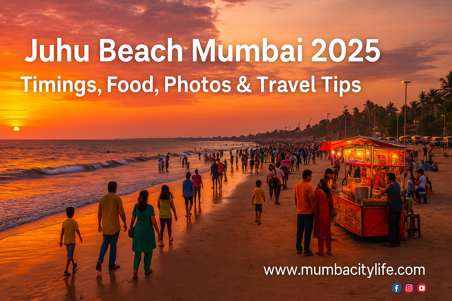 Sunset at Juhu Beach Mumbai with people walking and food stalls