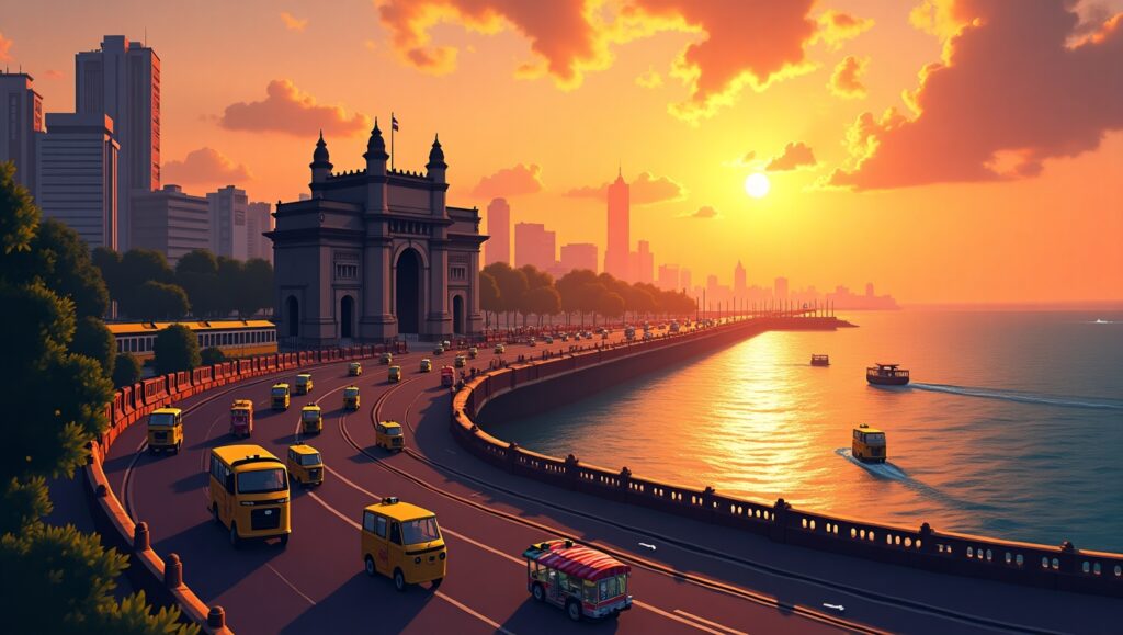 Sunset view of Gateway of India with Marine Drive and a Mumbai local train in the background, featuring a yellow-black taxi and street food stalls – Mumbai travel guide featured image