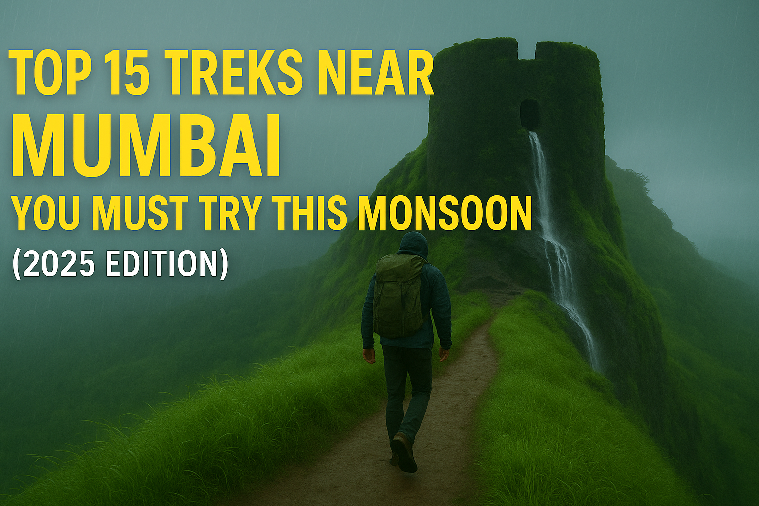 A trekker walking towards a lush green fort with a waterfall during monsoon in Maharashtra – perfect for monsoon treks near Mumbai.