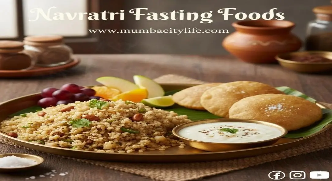 Navratri fasting foods 2025 – traditional vrat thali with sabudana, fruits, and vrat dishes.